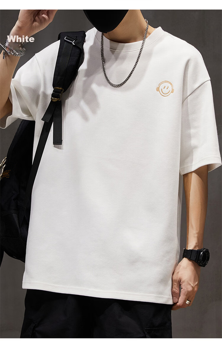 Pierre Cardin Men's Short Sleeve T-Shirt Summer Trendy Smiley Embroidery Loose Fit Crew Neck Heavyweight Cotton Top Dark Gray M 16