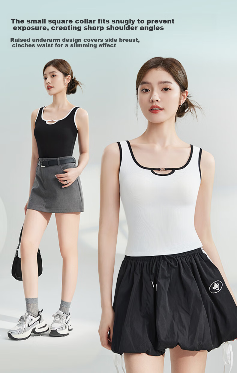 MiiOW Women's Camisole Vest [Side Coverage Anti-Exposure] Autumn Black and White Color Block Hollow Design Outerwear Base Shirt 8