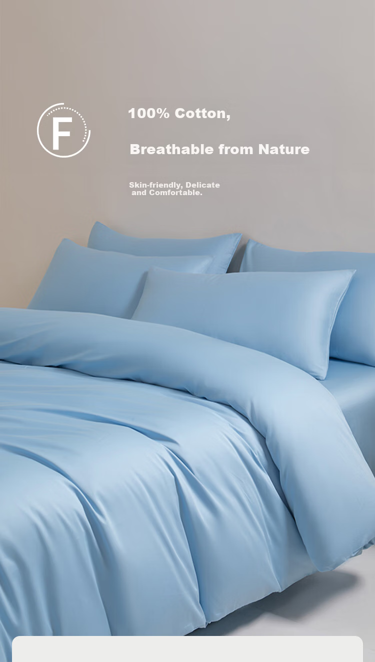 SOMERELLE A-Class Solid Color 60s Cotton Four-Piece Bedding Set 100% Combed Long-Staple Cotton Bed Linen 1.8m Fitted Sheet Set Sky Blue 3