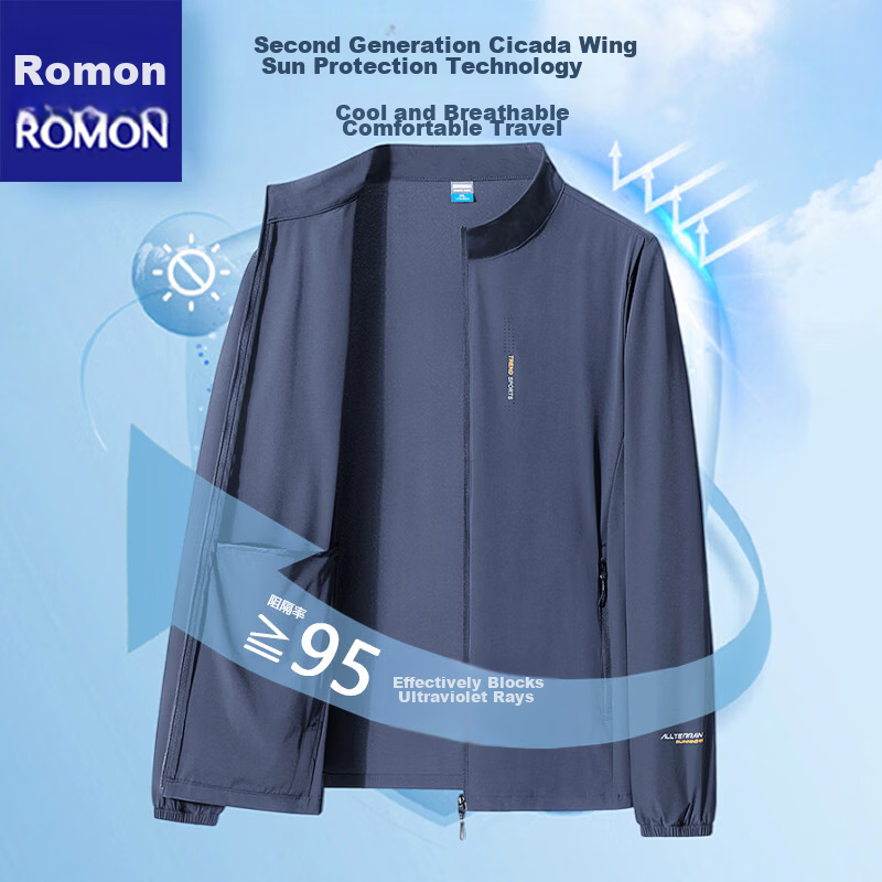 ROMON Sun Protection Jacket for Men, Summer Casual Lightweight UV Stand Collar Ice Silk Quick-Dry Jacket, Navy Blue, 6XL
