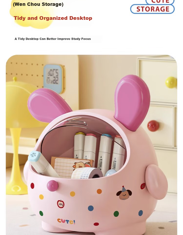 JiaDu Desktop Storage Box with Lid Large Capacity Dustproof Children's Hair Accessories Snack Stationery Cute Storage Bucket Display Rack 8