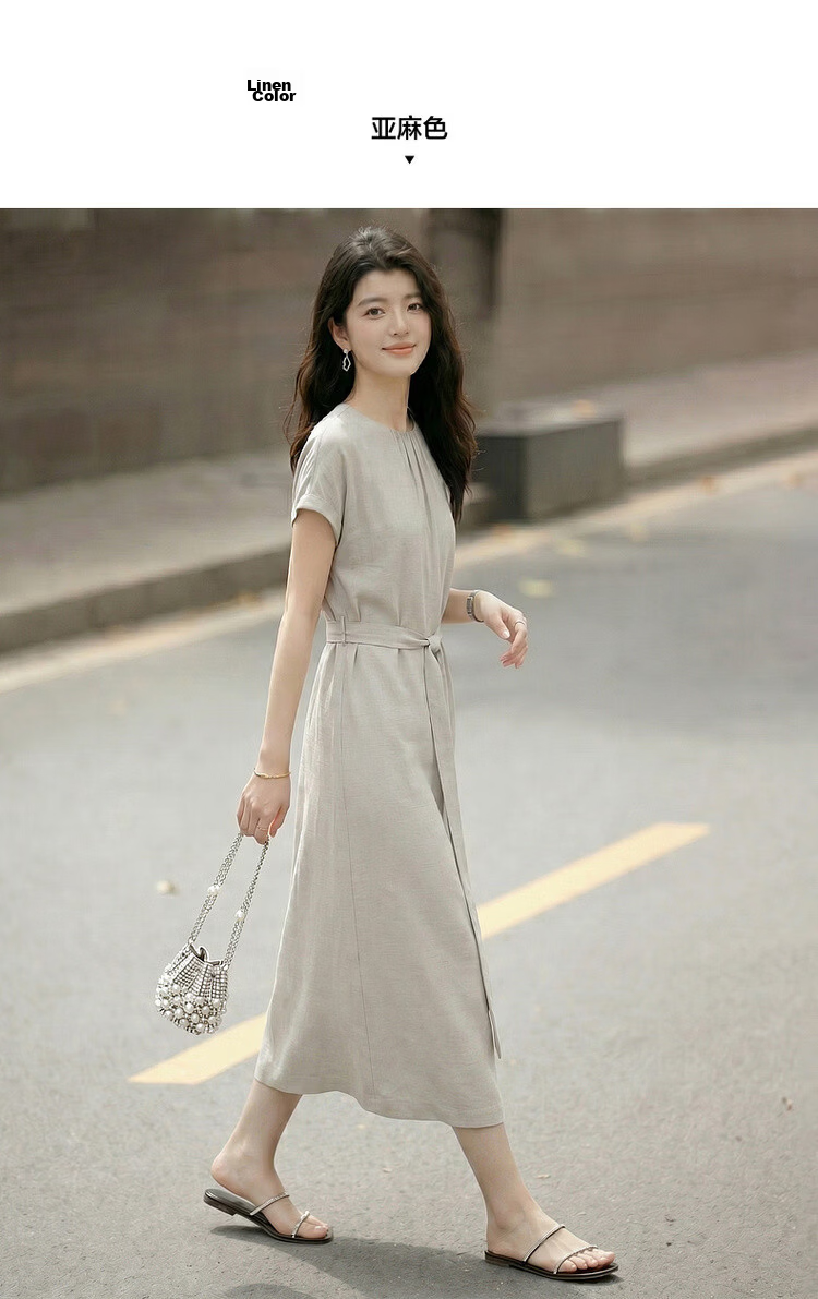 Demana Natural Linen Summer Elegant Round Neck Fabric Belt Loose Petite Mid-Length Dress for Women 8