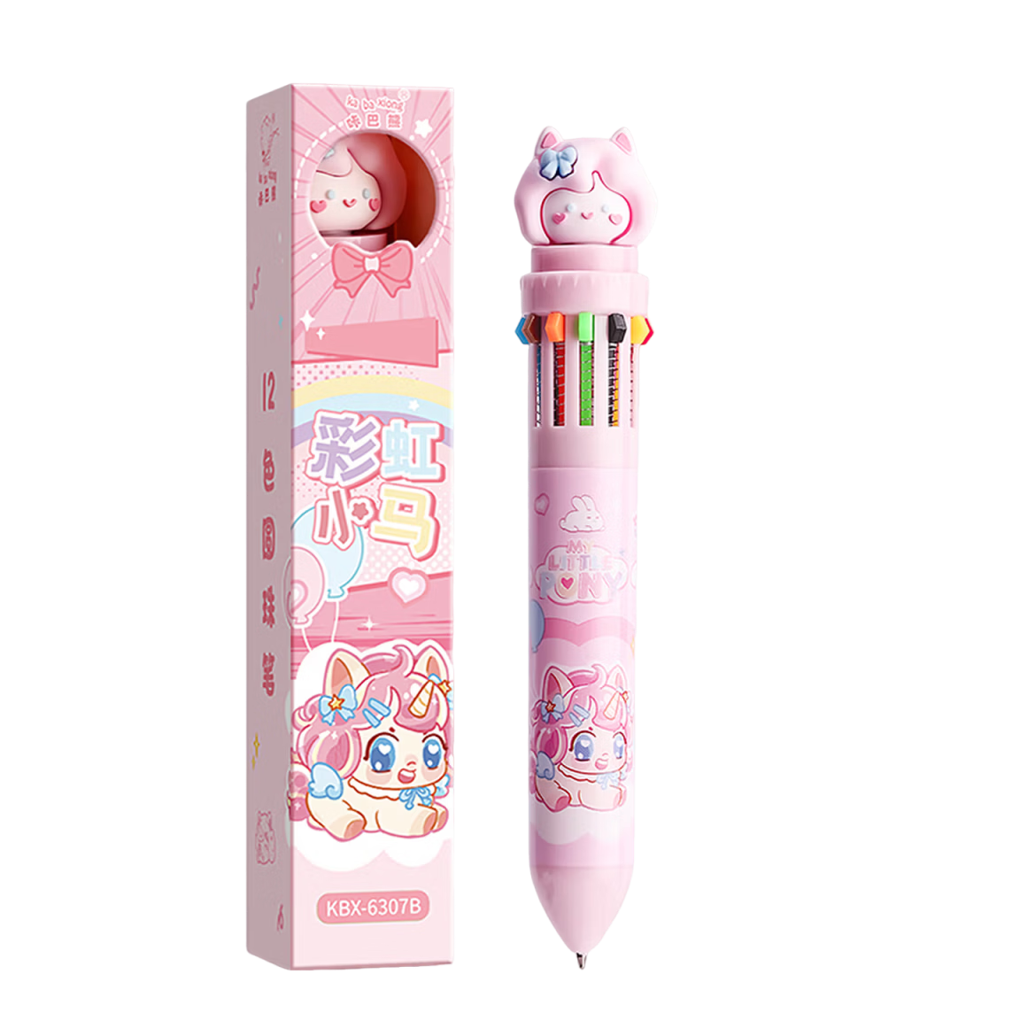 Kaba Bear 12-Color Ballpoint Pen Single Pack Cute Creative Click Pen for Elementary Students Rainbow Pony