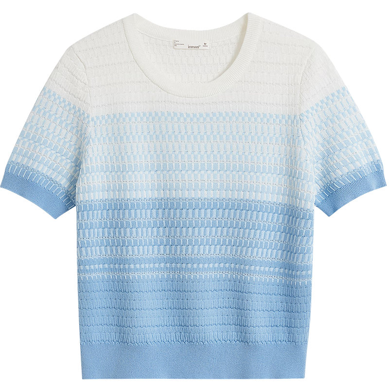 INMAN INMAN [Runway Style] Dindal Round Neck Knit Short-Sleeve T-Shirt for Women, Summer 2026 Top, Blue, Baitiao M