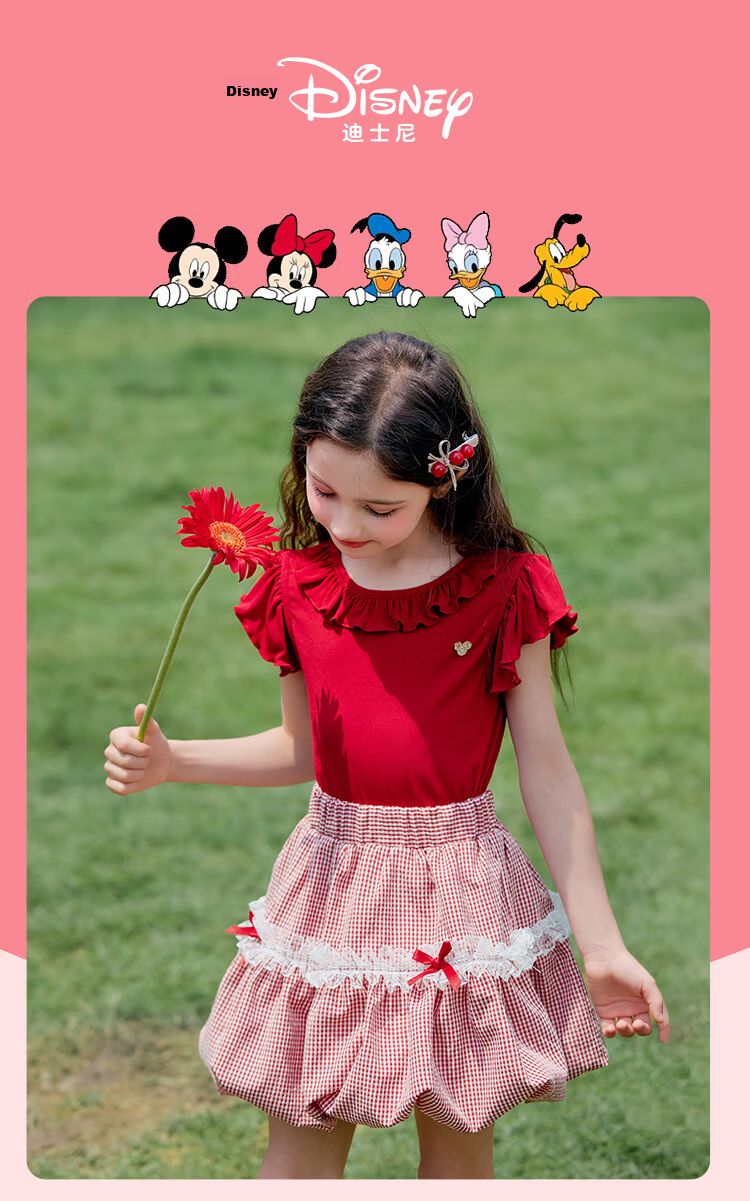 Disney Girls Summer Outfit 2026 New Lace Short Sleeve T-Shirt and Bloomers Skirt Two-Piece Set 2