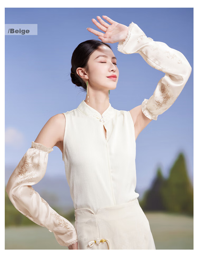 Shanghai Story Women's Silk Sun Protection Ice Sleeves Spring Summer 100% Mulberry Silk Satin Printed Loose Retro Sunshade Arm Sleeves Valentine's Day Gift 6