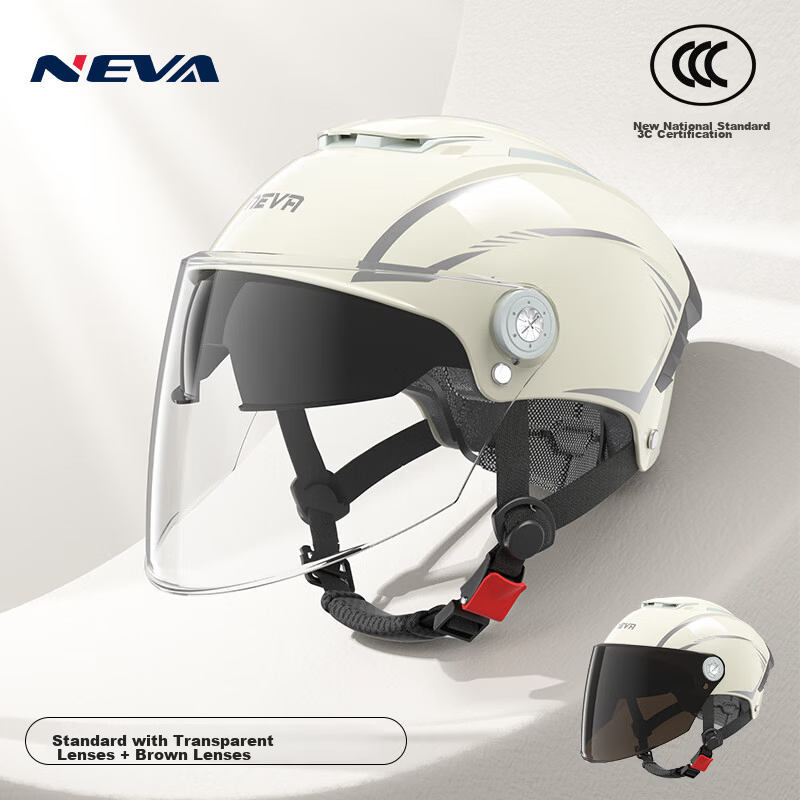 NEVA New National Standard 3C Certified Class A Electric Bike Helmet Unisex Dual Lens Summer Sun Protection Half Helmet Breathable Safety Cap Light Beige-Transparent Long Lens One Size