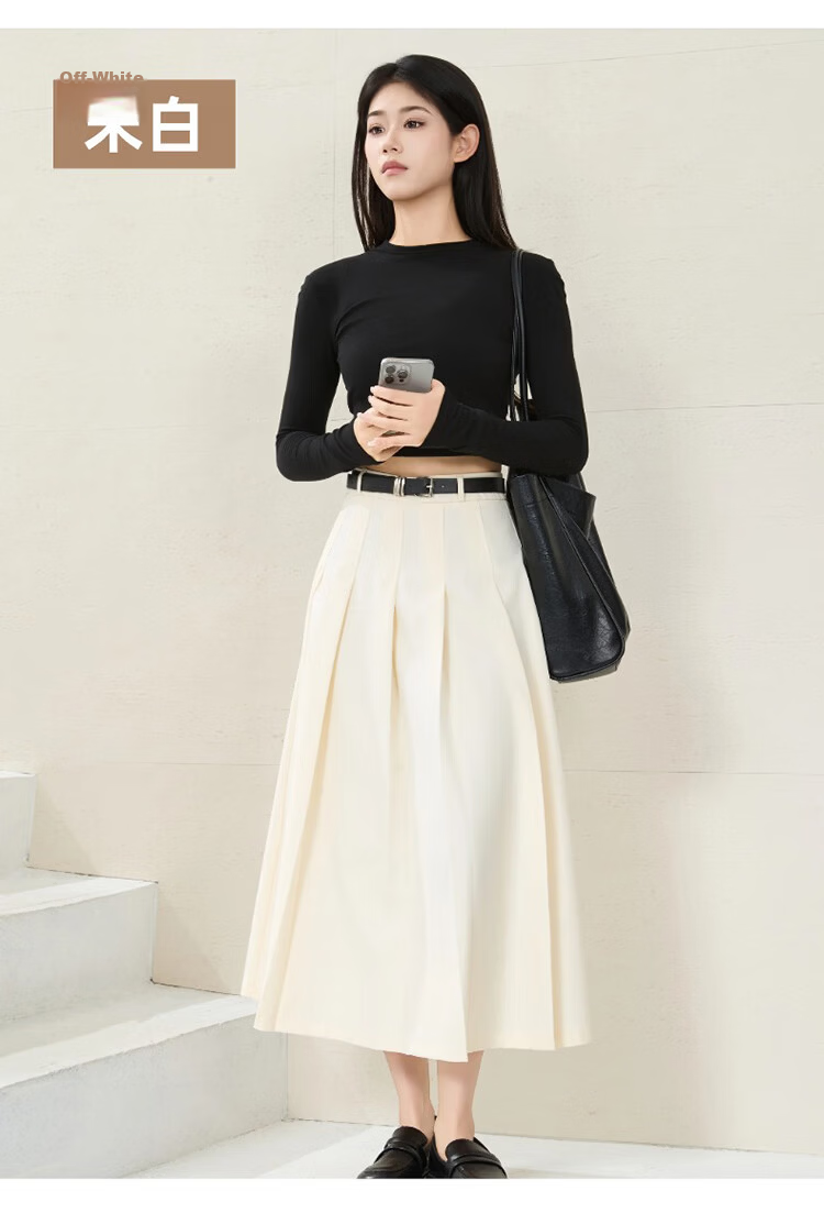 TUCANO Women's High-Waist A-Line Skirt, Mid-Length, Slimming, Simple Versatile Pleated Skirt, Off-White, XL 19