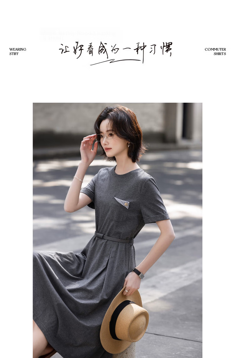 Demana Qingshuang Solona Summer Simple Round Neck Striped Patch Pocket Waist Slimming Dress for Women Premium Feel 10