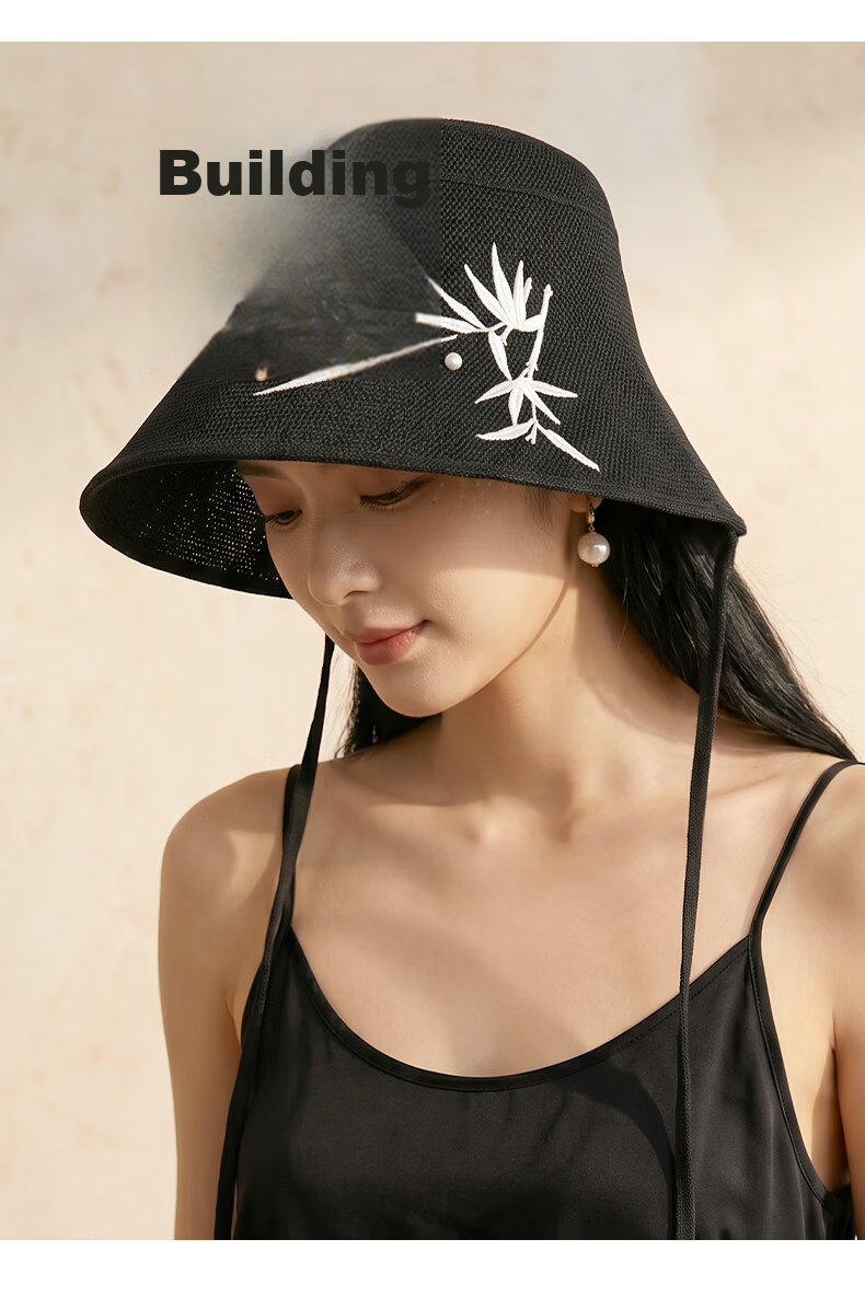 CACUSS New Chinese Style Sun Hat for Women Summer Woven National Style Adjustable Wide Brim Golden Bamboo Pattern 13