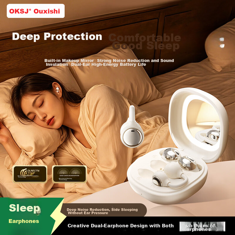 OKSJ [Latest Model 2026], Bluetooth Earphones, Clip-On Wireless In-Ear Style, Two Pairs of Earphones, Two-In Design, Smart Noise Reduction, Ultra-Long Battery Life, Comfortable for Long Wear, Built-In Makeup Mirror