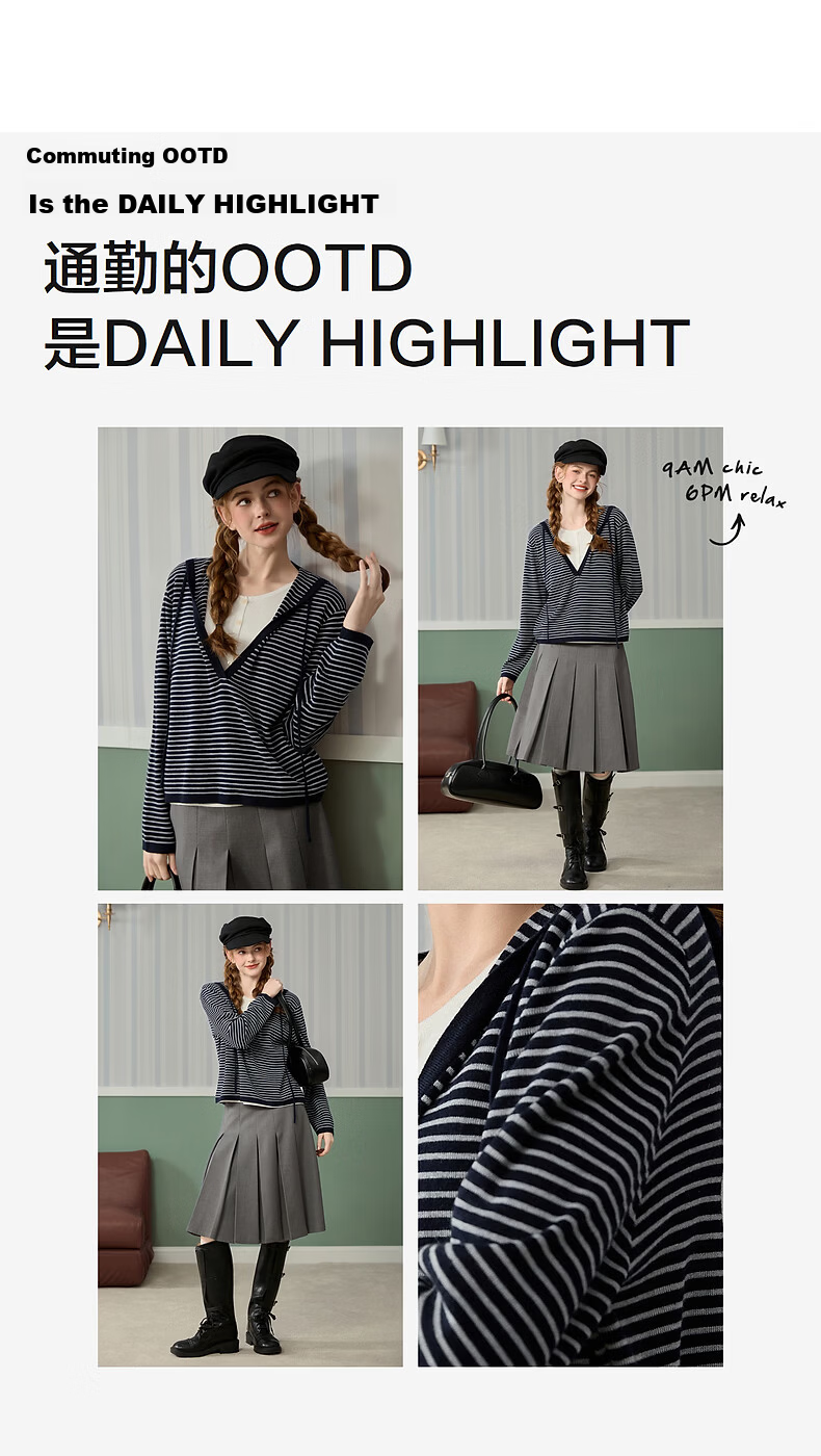 TonLion 2026 Spring Women's Faux Two-Piece Knit Sweater Dark Navy L 5