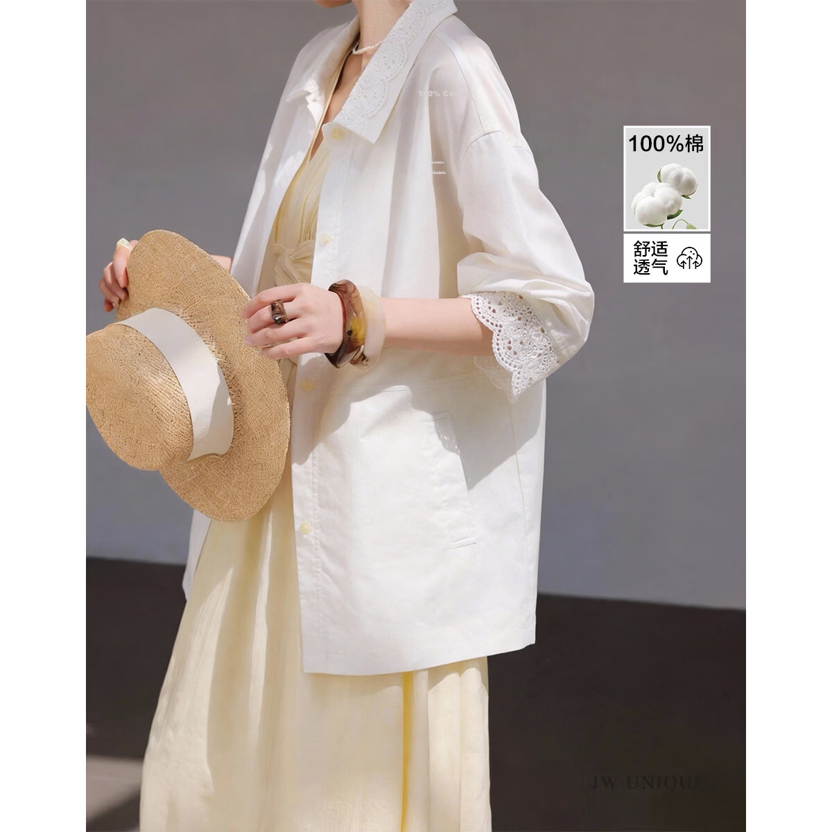 Demana Pure Cotton Wardrobe Spring Minimalist Lapel Lace Embroidered Sleeve Loose Petite Women's Jacket