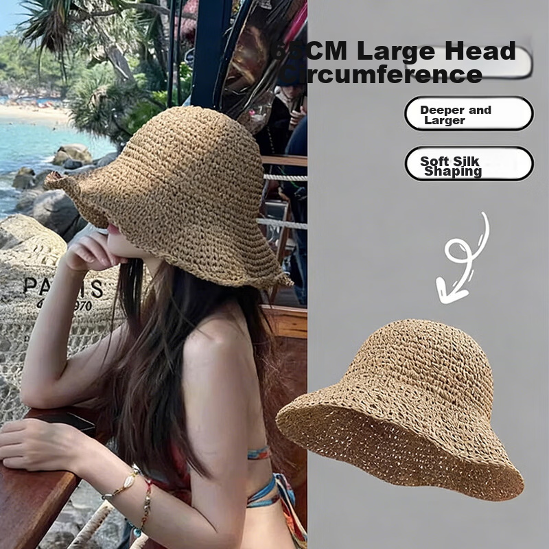 Ousen Oversized Wide Brim Straw Hat for Women Beach Sun Protection Foldable Deep Fisherman Hat Large Size