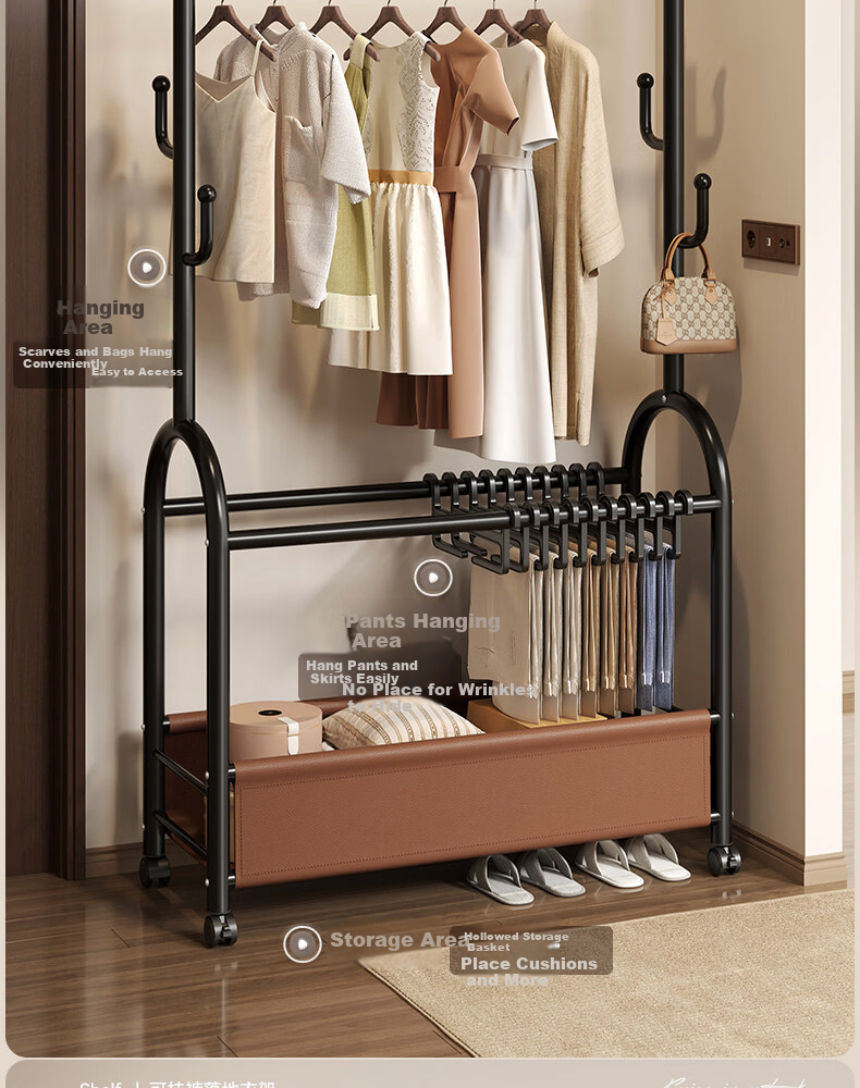 Muhan Yue Floor Standing Coat Rack Bedroom Home Clothes Hanger Storage Drying Rack Indoor Mobile Clothing Rack 4