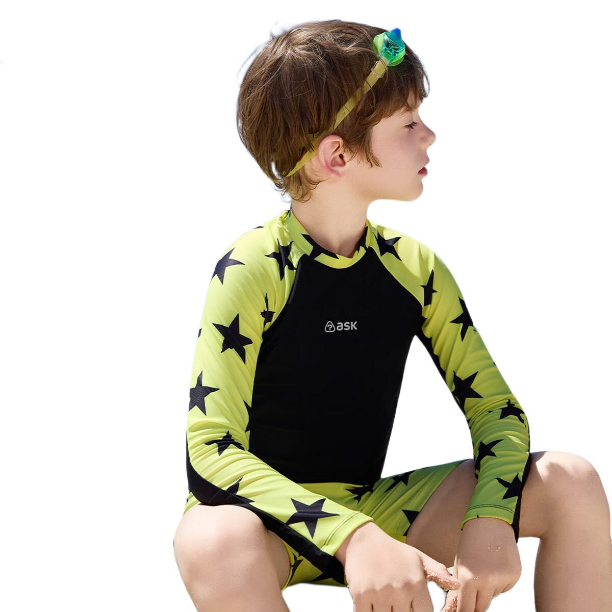 ASK JUNIOR 【Sun Protection and Chlorine Resistant】Children's Long Sleeve Swimsuit with Swim Cap, Two-Piece Boys' Training Set with Separate Shorts for Older Kids
