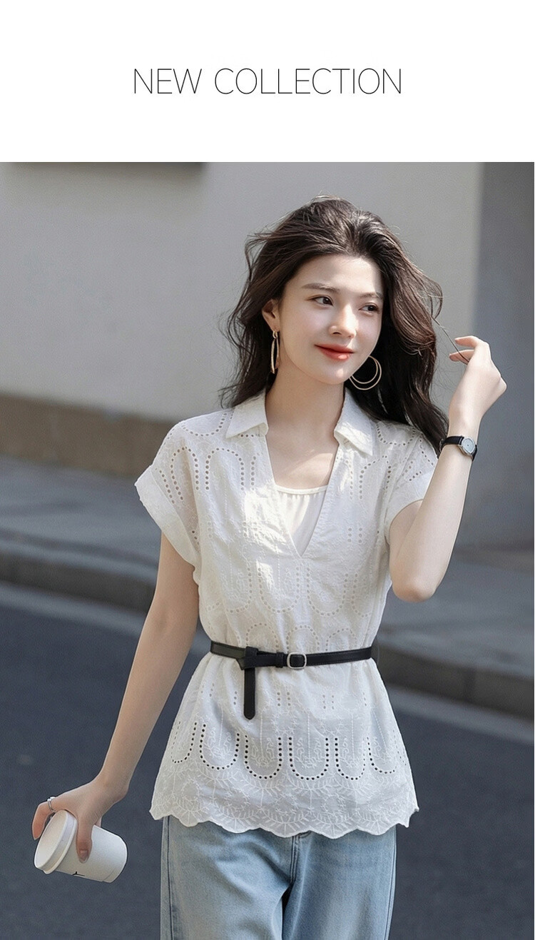 Demana Pure Cotton Light Life Summer V-Neck Lace Embroidered Shirt Color-Block Belted Short Sleeve Blouse for Women 1