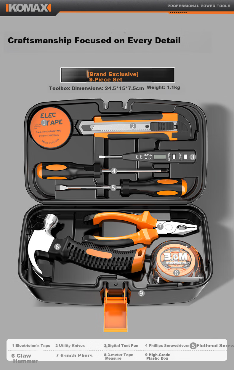 KOMAX 9-Piece Portable Toolbox Set Home Hardware Electrician Carpenter Repair Screwdriver Tool Kit 8