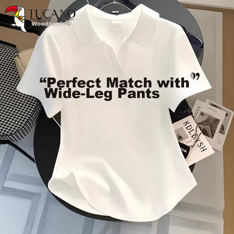 Woodpecker Pure Cotton Polo Collar Short Sleeve T-Shirt Women Summer Regular Shoulder Turn-down Collar Short Slim Fit Base Half Sleeve Top White L