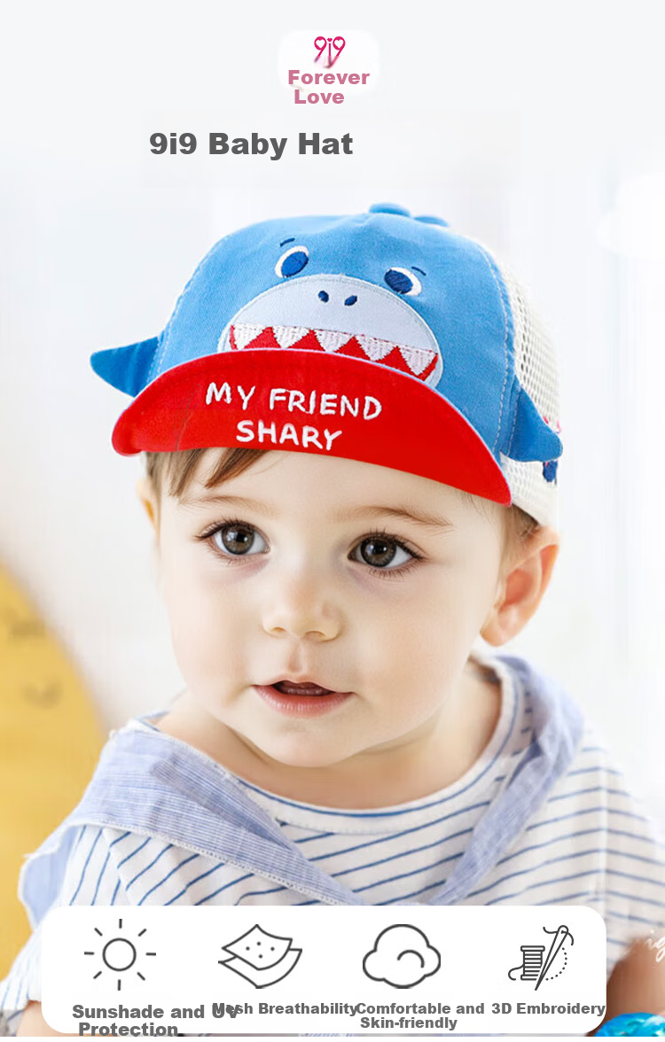 9i9 Baby Summer Thin Cartoon Shark Sun Protection Baseball Cap Unisex Toddler Sun Hat 0-3 Years F34 Blue 1