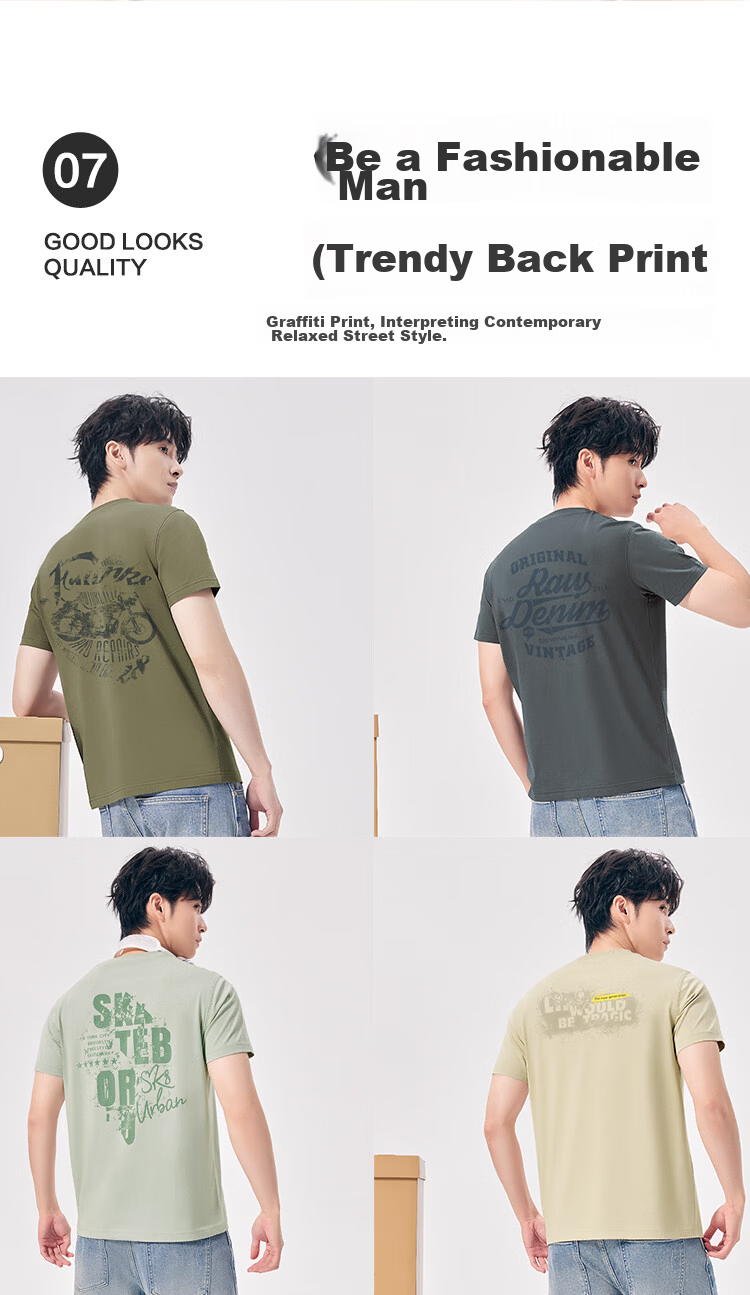 Hongdou Men's T-Shirt 10A Antibacterial Mite-Resistant Soft Cotton Breathable 50+ UV Protection Simple Printed Casual Round Neck Short Sleeve 8