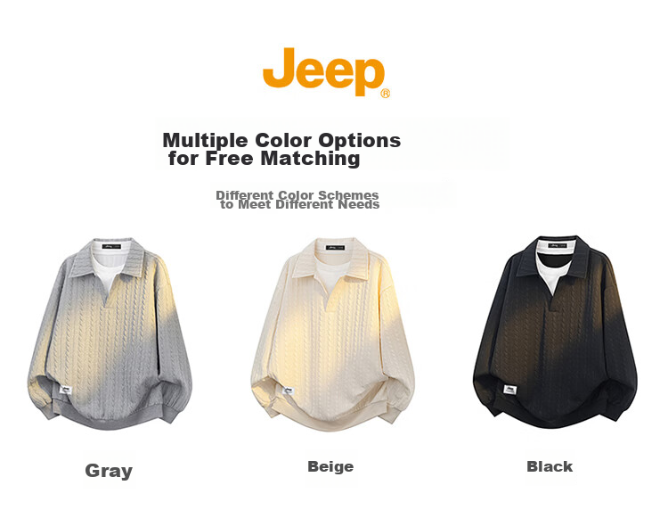 JEEP Men's Spring Autumn Polo Shirt Loose Jacquard Base Shirt Top Black 2XL 4