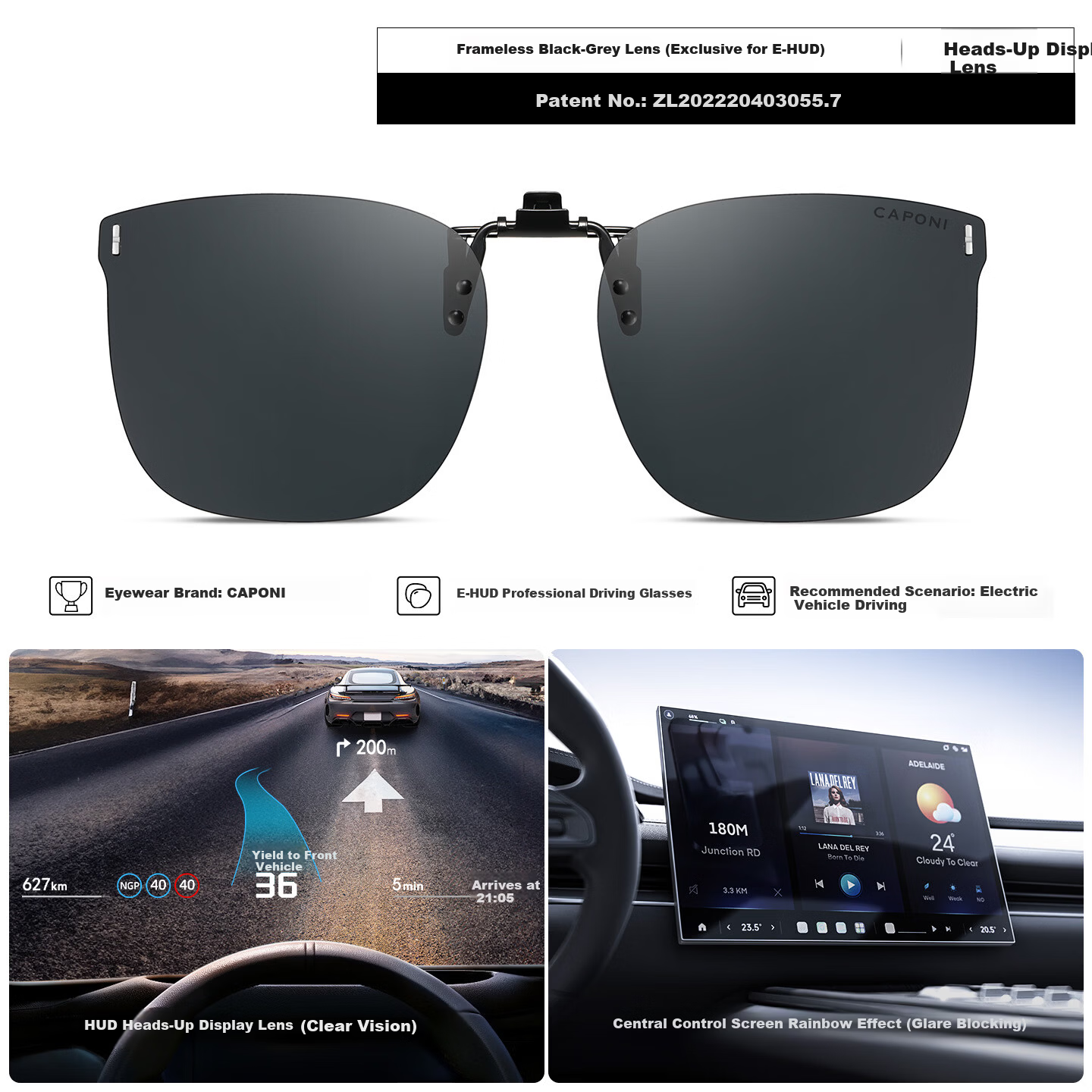 CAPONI Polarized Clip-On HUD Display Sunglasses UV Protection Driving Glasses for Men and Women