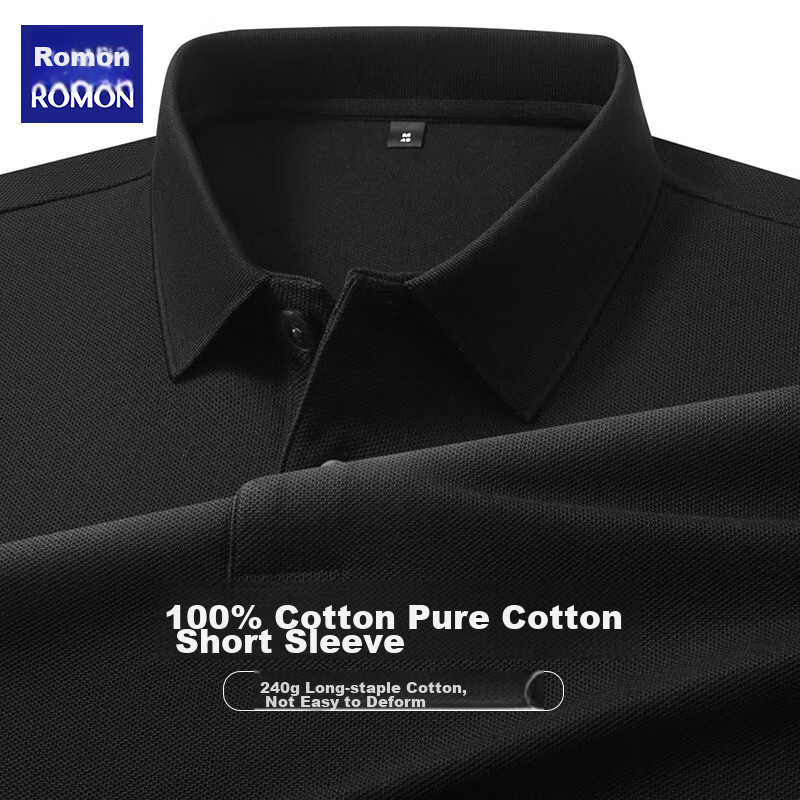 ROMON 100% Cotton Short Sleeve Men's Classic Business Polo Shirt Casual Solid Color Base Layer Black 3XL
