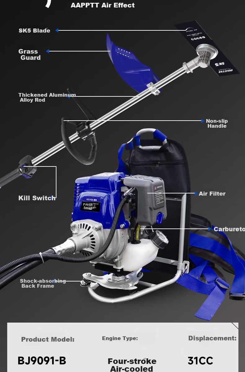 Bojie Gasoline Lawn Mower BJ9091-B Four-Stroke High-Power Backpack Brush Cutter 14