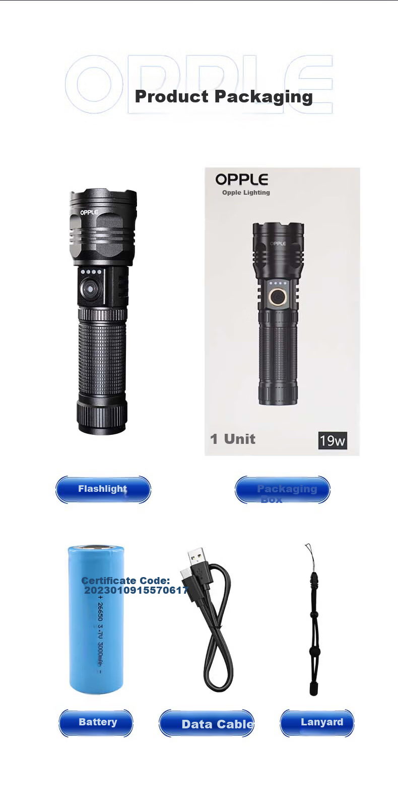 OPPLE LED High-Power Flashlight Zoomable Ultra-Bright Long-Range Laser Tactical Outdoor Cycling Military Portable Lamp 19W-18000K 43*156mm 7