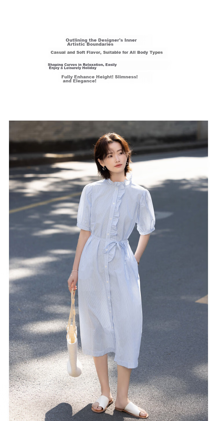 Demana French Romantic Summer Cloud Cotton Striped Ruffle Collar Waist-Slimming Dress for Women Premium Quality 6