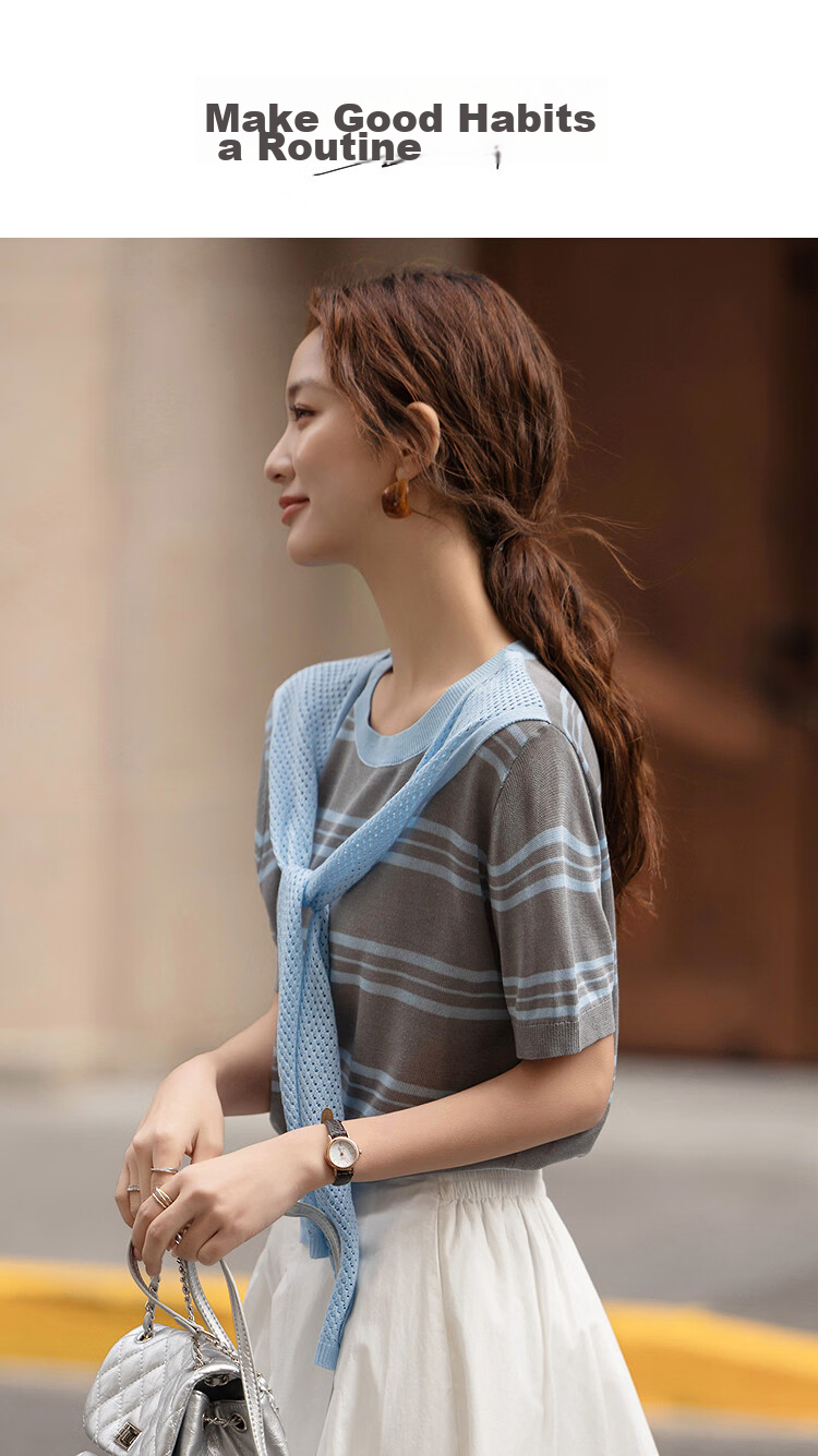 Demana Breathable Yarn Spring College Style Ribbon Striped Loose Slim Short Sleeve Women's Knit Sweater 1
