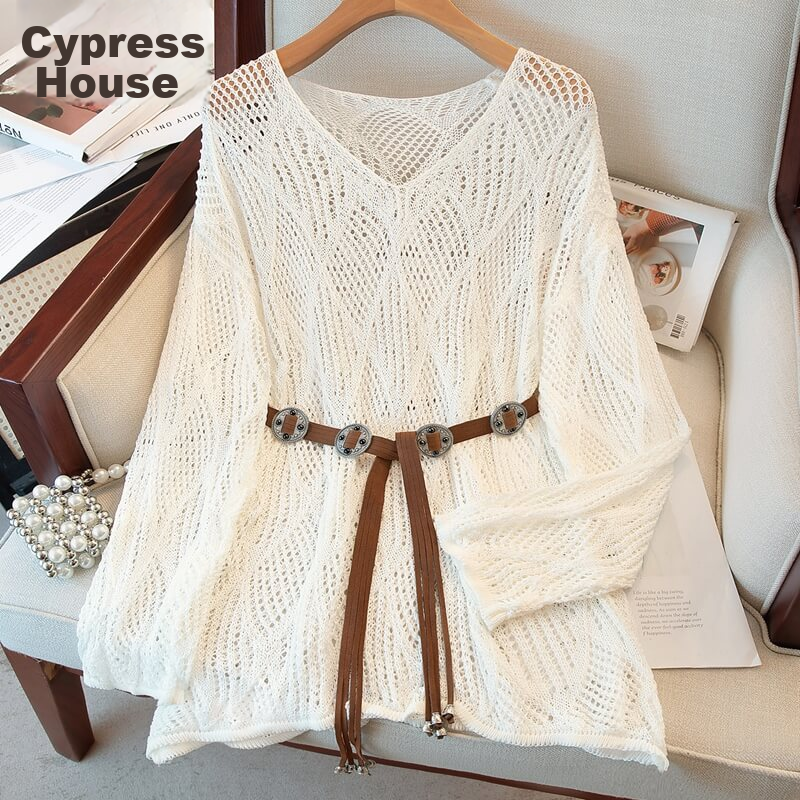 Cypress V-Neck Knit Sweater 2026 Spring New Women's Literary Style Pullover Hollow Out Three-Quarter Sleeve Top