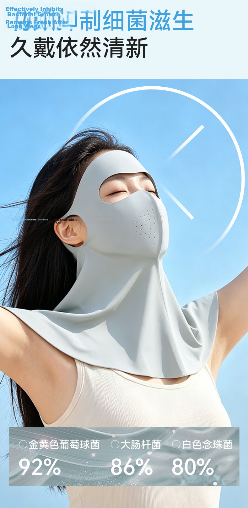 KELME Women's Summer Antibacterial Full Face Sun Protection Mask UV Protection Neck Guard Ice Silk Breathable Face Mask 3