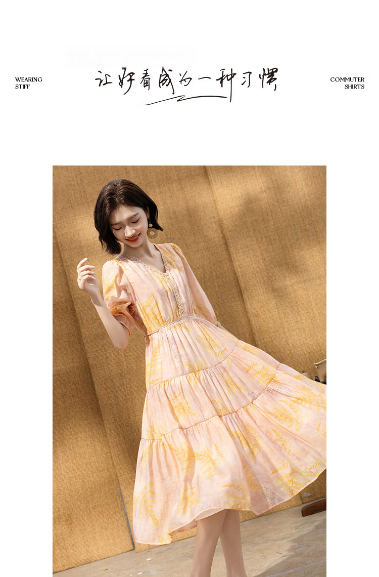 Demana [Elegant Lyocell] Summer French V-Neck Lace Splice Printed Waist-Slimming Dress for Women Premium 10