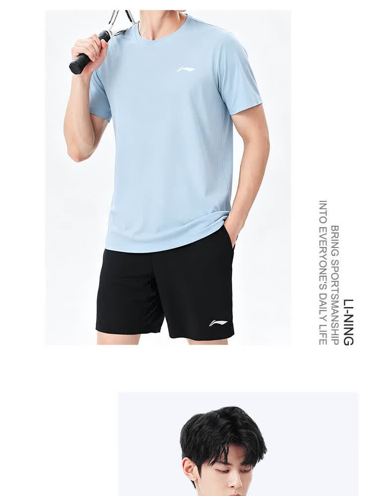 LI-NING Men's Sports Set 2026 Summer New Pure Cotton Breathable Short Sleeve and Shorts Running Fitness Outfit 24