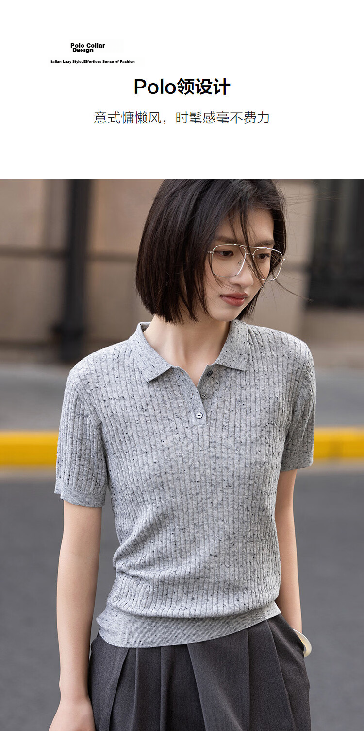 Demana Summer Smart Sensing Slim Fit Polo Collar Short Sleeve Knit Top with Wool for Women 7