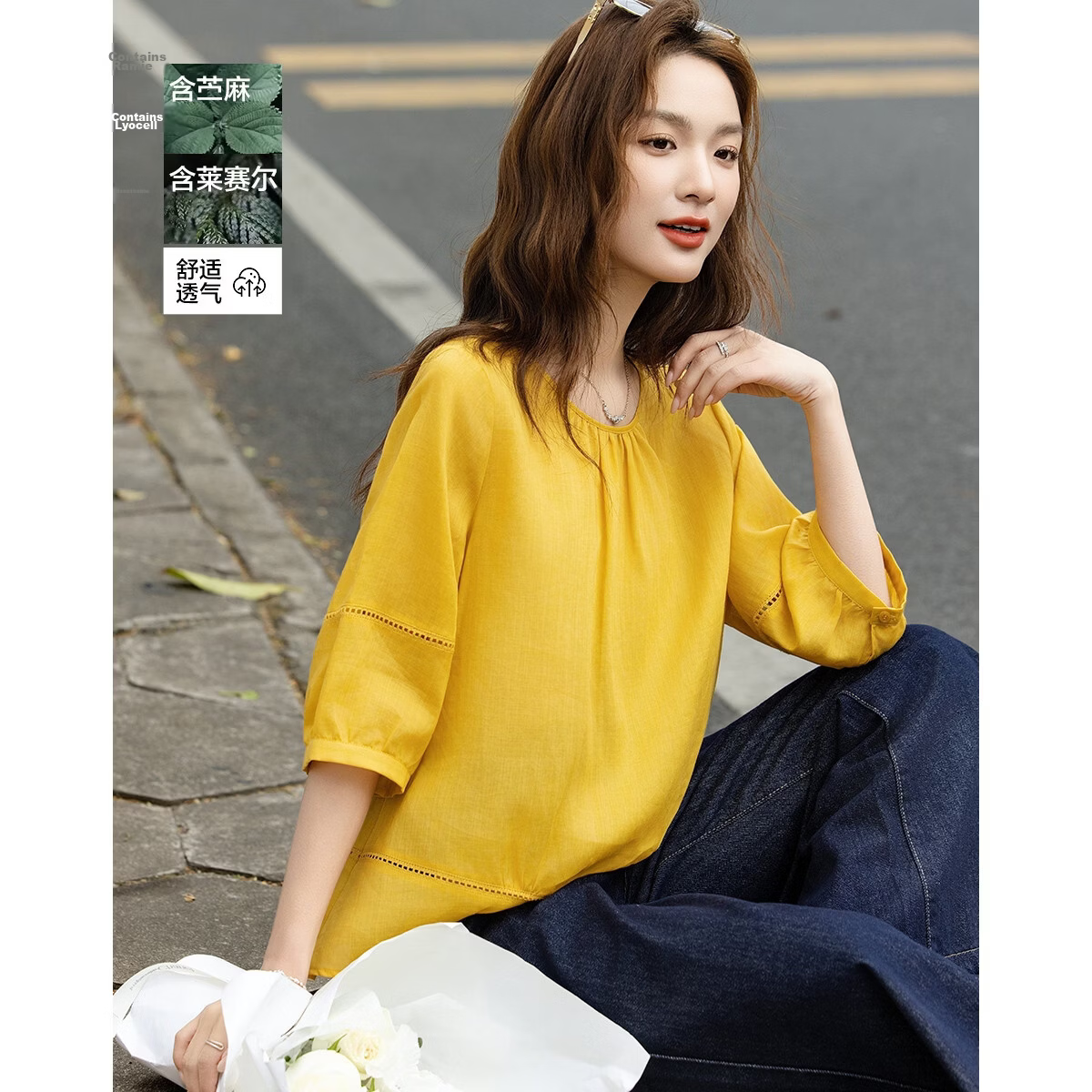 Demana [Ramie Lyocell Blend] Summer Round Neck Hollow Out Small Lace Loose Slimming Concealing Shirt for Women Premium Feel