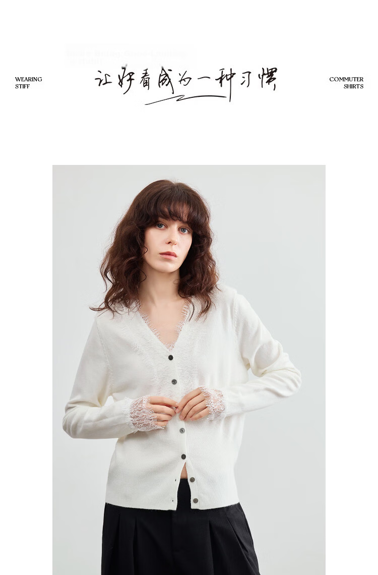 Demana Spring Elegant V-Neck Lace Trim Wool Blend Slim Fit Knit Cardigan for Women 12