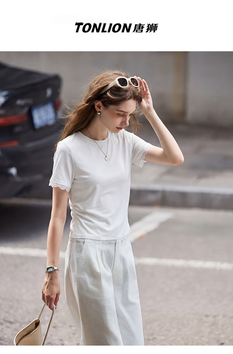 TonLion 2026 Summer New Women's Short Sleeve T-Shirt Lace Splicing White Fashionable Unique Beautiful Top 1