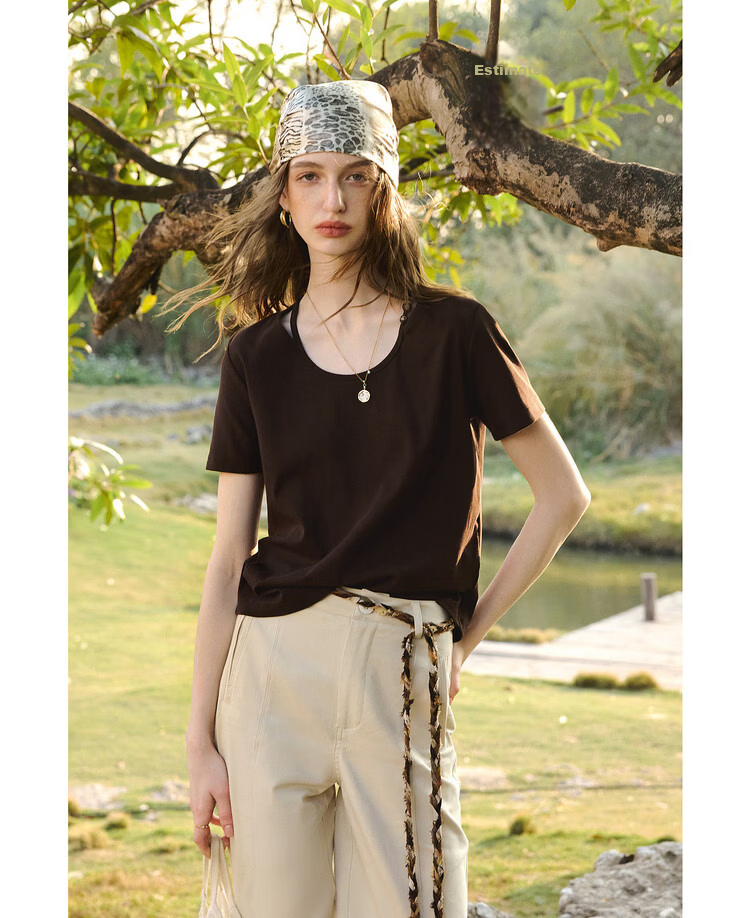 Olrain Eurier Round Neck Beaded Fitted Short Sleeve T-Shirt Women's Summer New Casual Trendy Top Brown S 13