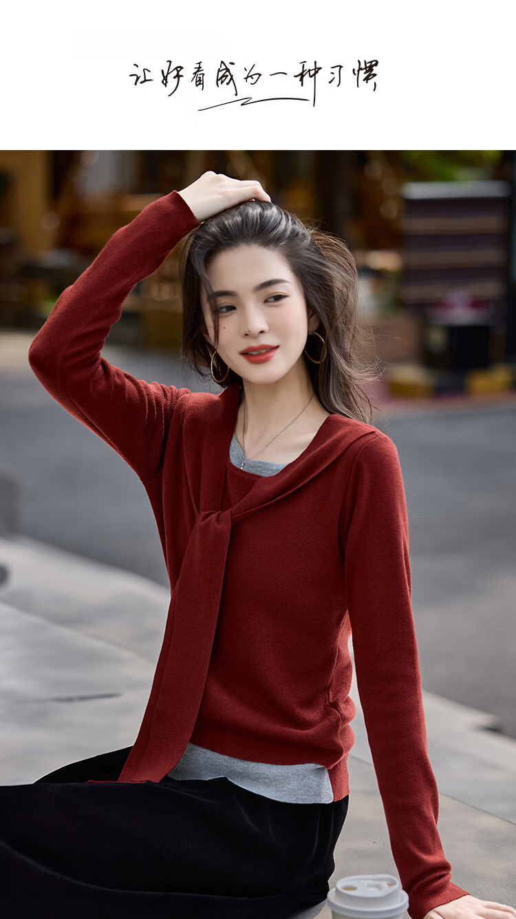Demana [Lazy Friendly] Spring Sheep Wool and Mulberry Silk Blend Pullover Two-in-One Colorblock Shawl Women's Knit Sweater 1