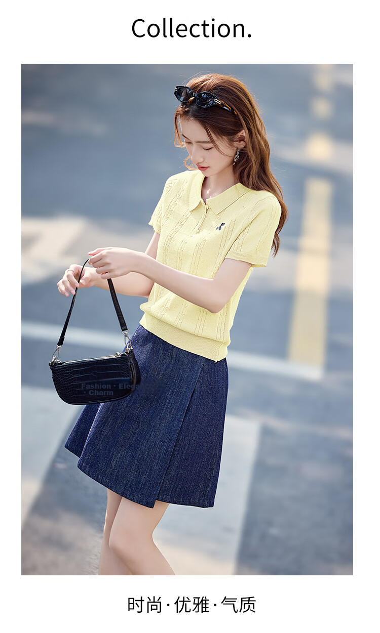 Shangjing Women's Short Sleeve Knit Top Summer New Sweet Polo Collar Slim T-Shirt 20