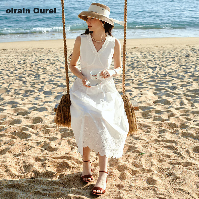 Olrain European Style Summer New French V-Neck Slim Fit Vest Dress Women Mid-Length Dress Off-White L