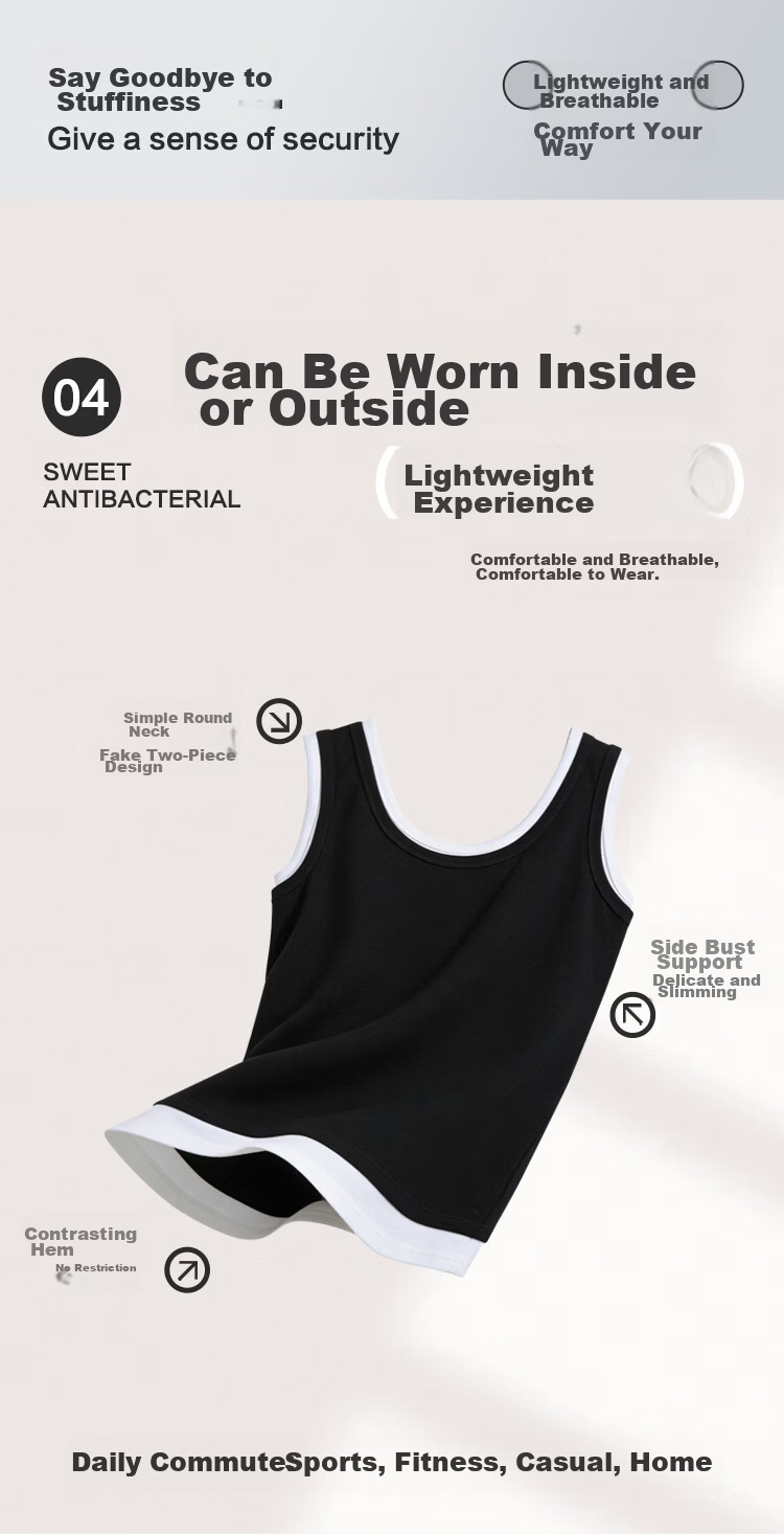 Hodo Women's Soft Stretch Cotton-Spandex Colorblock Fake Two-Piece Slim Fit Slimming Simple Sports Commuting Versatile Wide Strap Vest 5