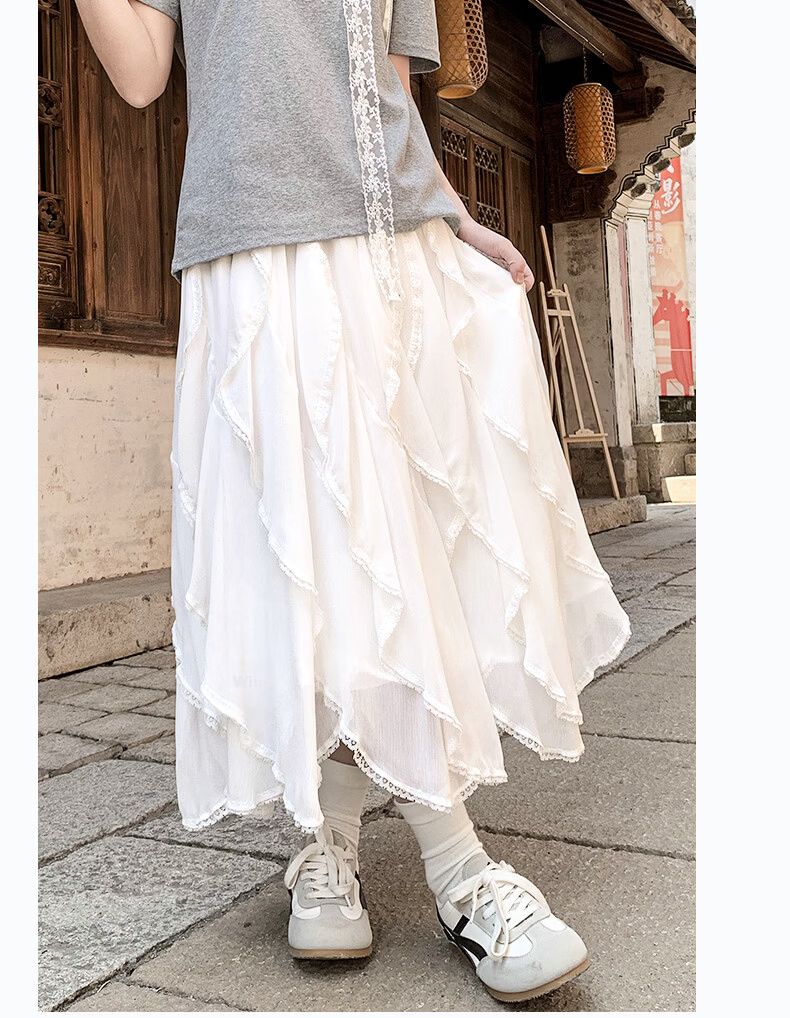 Borui Ruffled Irregular Lace Midi Skirt French Style Designer Fairy Dress Spring Summer 15