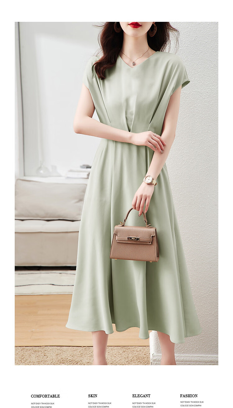 DME A-Line Skirt Summer Commuter V-Neck Short Sleeve Simple Mid-Length Dress for Women 5