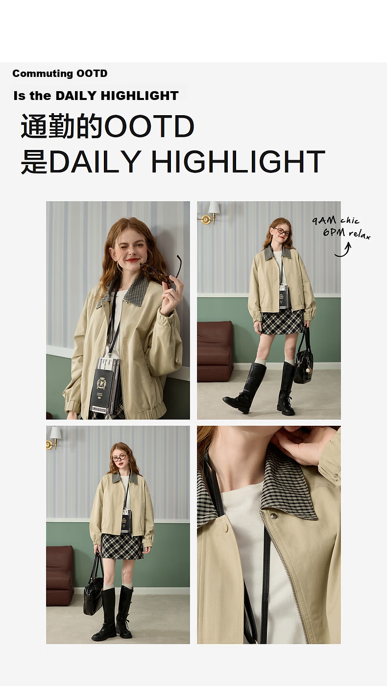 TonLion 2026 Spring Autumn New Women's Lapel Short Jacket Loose Khaki Zipper Commuter Style Patchwork Casual 5