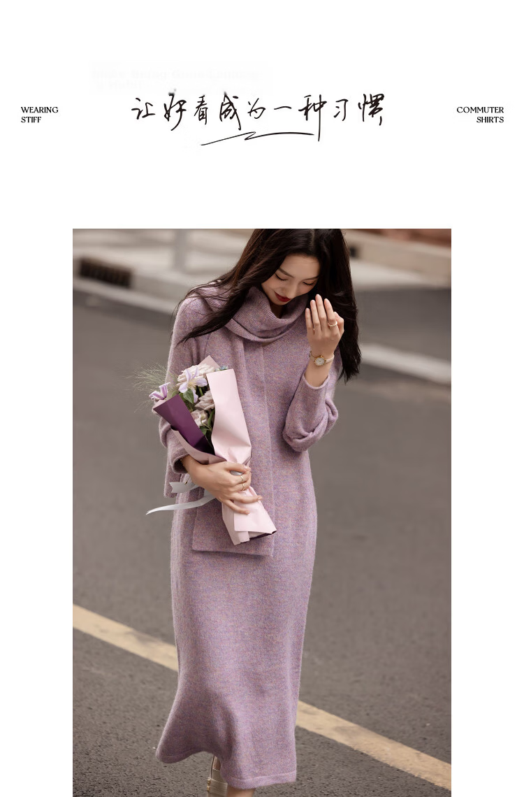 Demana Removable Scarf Winter Elegant Light V-Neck Wool Blend Straight Knit Mid-Length Dress for Women 10