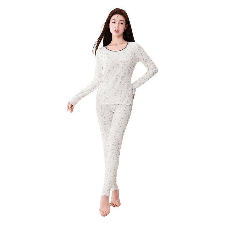Fenteng Women's Thermal Underwear Pure Cotton 2025 New Style [Light Warm Underwear] Round Neck Small Floral Autumn Top and Bottom Set